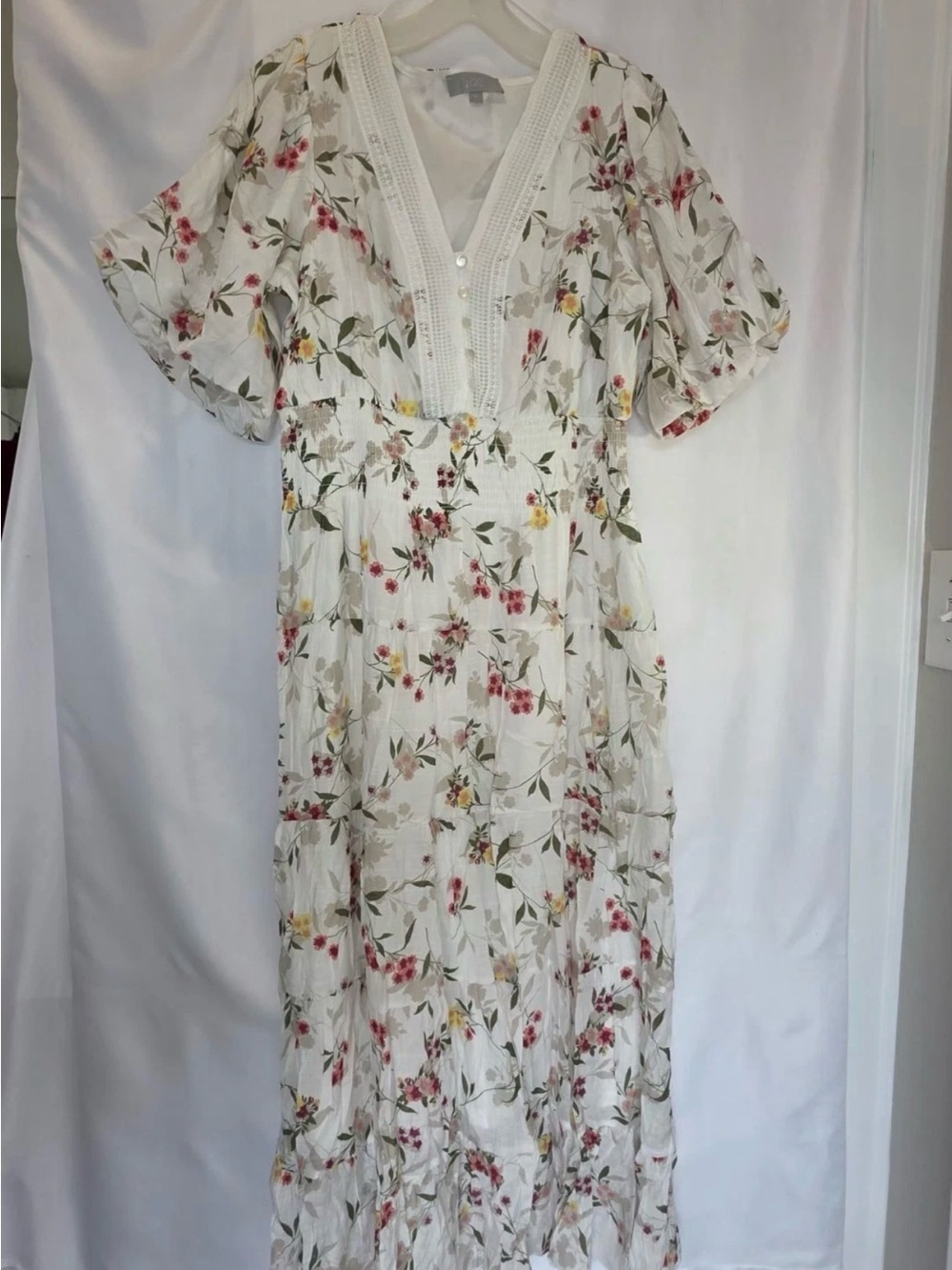 Floral V-Neck White Maxi Dress